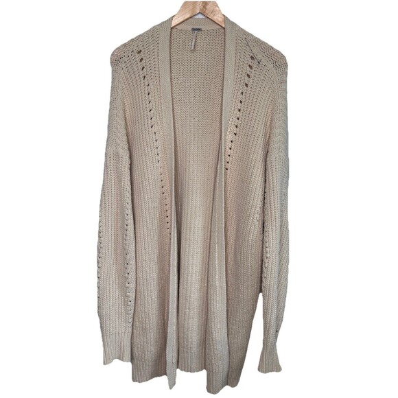 FREE PEOPLE Womens Cardigan SweaterLarge Long Coat Beige Ivory Cotton L